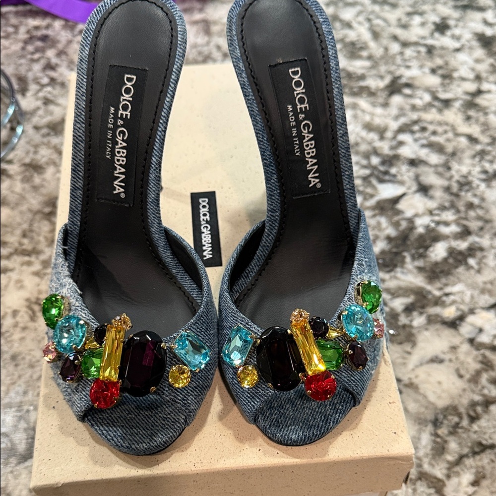 Dolce & Gabbana Denim Mules with Jewel Embellishments